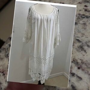 LULA SOUL 100% Cotton Embroidered Dress Sz M 3/4th Sleeve Pockets Artsy Boho